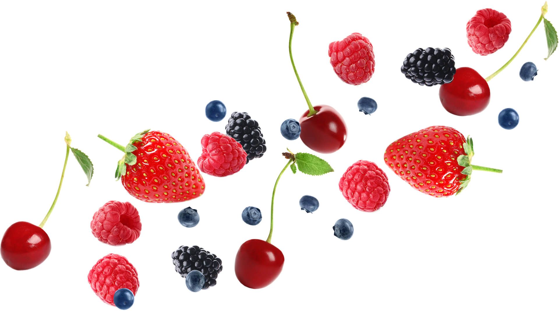 Verschiedene Beeren (Erdbeeren, Heidelbeeren, Himbeeren, Brombeeren, Kirschen) isoliert auf weißem Hintergrund.